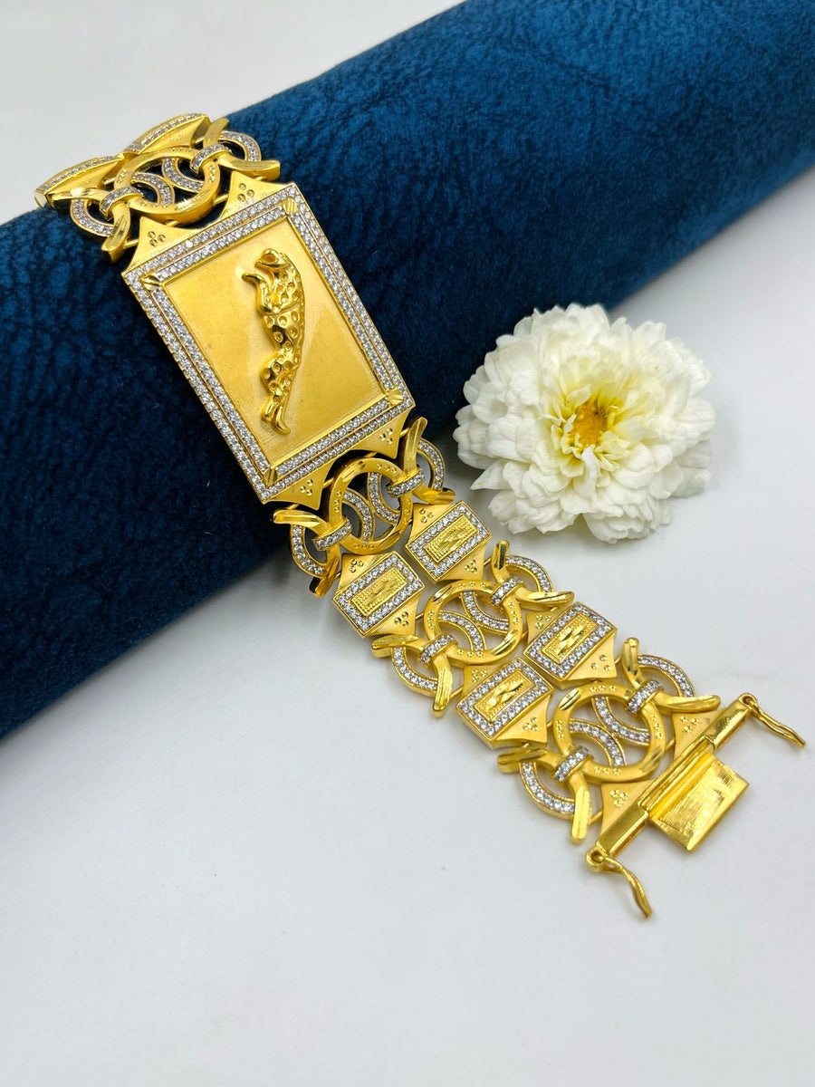 1 GRAM GOLD PLATING JAGUAR 2 LINE DIAMOND BRACELET FOR MEN DESIGN