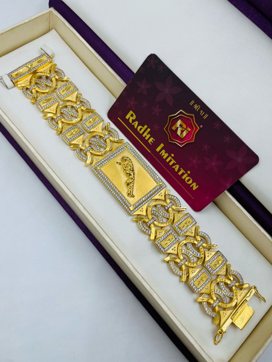 1 GRAM GOLD PLATING JAGUAR 2 LINE DIAMOND BRACELET FOR MEN DESIGN