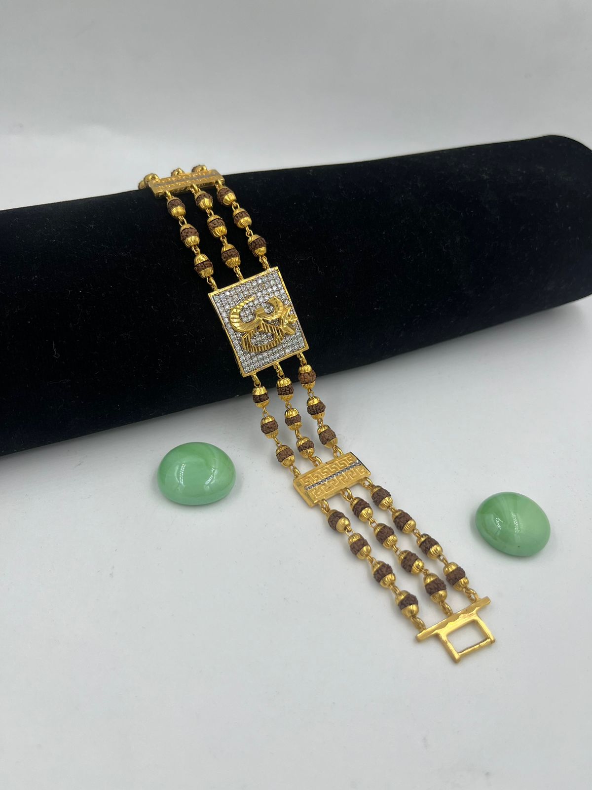 Gold Plated Aum/Om Diamante & Rudraksha Kada/Bangle/Bracelet  –15mm-H:5.5cmx7.5cm